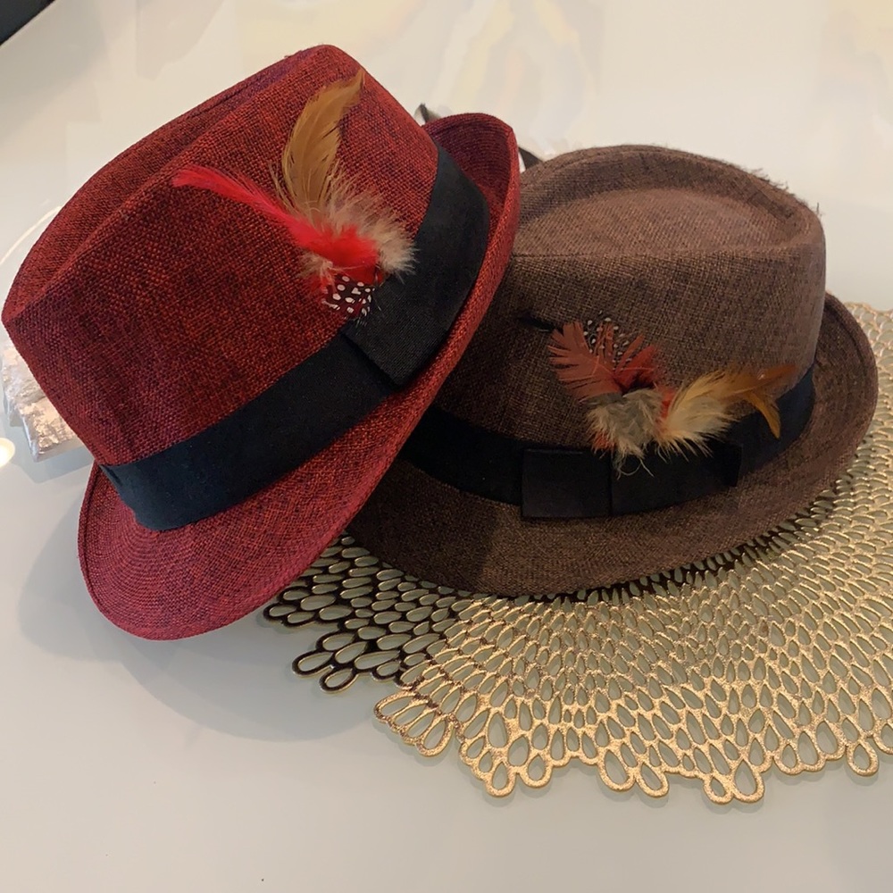 Woven Fedora Hats One Red One Brown